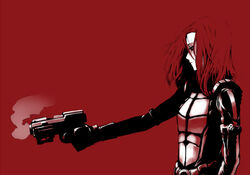  armor bad_id bad_pixiv_id biomega female gun handgun high_contrast monochrome nishu_mizunoe oguchi profile red_background red_eyes red_hair red_theme science_fiction smoke smoking_barrel solo weapon 