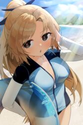  absurdres alternate_costume arknights black_eyes blush breasts cleavage feather_hair female highres holding_floatie jacket killizard long_hair long_sleeves looking_at_viewer medium_breasts open_mouth orange_pupils parted_bangs partially_unzipped pinecone_(arknights) ponytail solo wet 