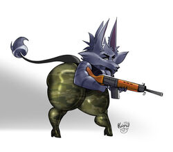  2024 anthro ass assault_rifle big_butt black_body black_fur breasts camo camo_clothing camo_print canid canine canis cheek_tuft chibi cleavage clothed clothing dubmare eyebrows facial_tuft female fur gun gunfire holding_object holding_weapon kairolarts leaning leaning_forward leggings legwear lips long_ears mammal muscular pattern_clothing raised_tail ranged_weapon rifle solo standing striped_body stripes tail thick_bottom_lip thick_thighs tight_clothing tuft weapon wide_hips wolf 