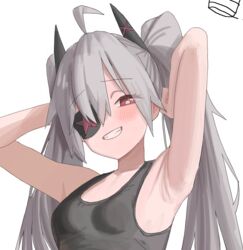  absurdres ahoge armpits arms_up blush breasts bright_pupils djmax djmax_respect eyepatch fail_(djmax) female grey_hair grey_tank_top grin hair_ornament highres long_hair looking_at_viewer red_eyes simple_background small_breasts smile solo syc2159 tank_top twintails white_background white_pupils 