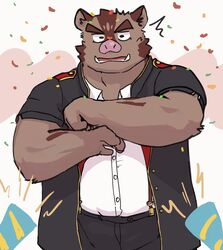  2024 anthro bottomwear brown_body clothing hermann_(knights_college) hi_res kemono knights_college male mammal pants shirt simple_background slightly_chubby solo suid suina surprise sus_(pig) topwear wild_boar youzo3322 