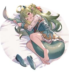  absurdres ahoge ayacho bare_legs barefoot bed_sheet blush bow commission dragon_girl dragon_horns dragon_tail feet female frilled_skirt frills full_body garam_(ryeoubi) green_bow green_footwear green_hair green_horns green_skirt green_tail green_vest hair_between_eyes hair_bun hairbow hanbok highres horns hugging_own_tail hugging_tail jacket korean_clothes korean_commentary long_hair long_sleeves looking_at_viewer lying mixed-language_commentary multicolored_bow on_bed on_side one_eye_closed open_mouth original pointy_ears red_bow red_eyes second-party_source shoes single_hair_bun skeb_commission skirt smile solo tail toes unworn_shoes vest white_jacket 