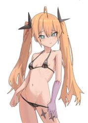  ahoge bikini bikini_bottom_pull bikini_pull black_bikini blonde_hair blue_eyes breasts clear_(djmax) closed_mouth clothes_pull cowboy_shot djmax djmax_respect female hair_ornament highres long_hair looking_at_viewer micro_bikini navel simple_background small_breasts smile solo stitched_arm stitches swimsuit syc2159 twintails white_background 