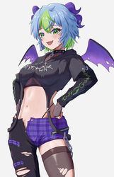  absurdres apricot_the_lich apricot_the_lich_(8th_costume) black_hoodie black_pants black_thighhighs breasts cropped_hoodie demon_girl demon_horns demon_wings female fishnet_gloves fishnets gloves green_eyes green_hair highleg highleg_panties highres hood hoodie horns looking_at_viewer meibin multicolored_hair multiple_horns open_mouth panties pants partially_unzipped short_hair single_thighhigh smile solo streaked_hair thighhighs torn_clothes torn_thighhighs underwear virtual_youtuber vshojo white_background wings 