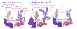  animate_inanimate anthro bodily_fluids chess confusion dialogue duo english_text female glitch_productions hi_res humor jax_(the_amazing_digital_circus kinger_(the_amazing_digital_circus) lagomorph leporid lumineary-arts male male/female mammal parody playing rabbit signature sitting sweat sweatdrop text the_amazing_digital_circus 