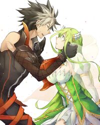  1boy black_hair breasts cleavage couple elf elsword female grand_archer_(elsword) green_eyes green_hair large_breasts long_hair mechanical_arms multicolored_hair nan_(nanyayyay) open_mouth pointy_ears raven_cronwell reckless_fist_(elsword) rena_erindel scar single_mechanical_arm smile spiked_hair two-tone_hair white_hair yellow_eyes 