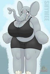  absurd_res anthro ass belly big_belly big_breasts big_ears big_feet big_hands black_clothing black_shirt black_tank_top black_topwear blue_eyes blush blush_lines bodily_fluids body_blush bottomwear breasts camel_toe clothed clothing deep_navel elephant elephant_toe_hands elephant_toes elephantid feet female grey_body hairless hi_res hotpants huge_breasts larger_female looking_away mammal mouthless nails navel nervous nervous_sweat overweight overweight_anthro overweight_female pawronik proboscidean proboscis_(anatomy) shirt shorts shy shymee_(pawronik) simple_background size_difference slightly_chubby slightly_chubby_female solo sweat sweaty_face tall tank_top text thick_arms thick_thighs tight_clothing topwear trunk trunk_(anatomy) tusks wide_hips 