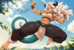  2024 abs artist_name barefoot bartondh belt biceps black_nails black_pants blue_sky breasts chinese_new_year clenched_hands cloud cloudy_sky detailed_knuckles dragon dragon_girl dragon_horns dragon_tail facial_tattoo feet female fingernails flexing forest fur-trimmed_legwear fur-trimmed_pants fur_trim gem green_gemstone high_jump highres horns jumping large_breasts leaf leaf_clothing loincloth long_hair looking_at_viewer looking_down messy_hair midriff monk monster_girl muscular muscular_female nail_polish nature navel new_year oerba_yun_fang original outdoors pants raised_fists rope_around_wrist sharp_toenails shiny_skin signature sky smile sports_bra sunset sword tail tan tattoo thick_thighs thighs toenail_polish toenails tree tribal_tattoo weapon western_dragon white_hair white_sports_bra wristband 