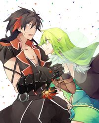  1boy armor black_armor black_hair breasts couple elf elsword female green_eyes green_hair hair_between_eyes large_breasts long_hair multicolored_hair nan_(nanyayyay) nova_imperator_(elsword) open_mouth pointy_ears raven_cronwell red_hair rena_erindel scar scar_on_chest streaked_hair twilight_(elsword) two-tone_hair yellow_eyes 