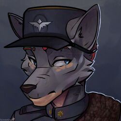  1:1 2022 adversarial_noise anthro blue_eyes bust_portrait canid canine canis clothed clothing digital_media_(artwork) foxhole:_persistant_online_warfare fur hair hat headgear headwear hi_res igni looking_at_viewer male mammal portrait screencap_(artist) shaded signature simple_background solo uniform wolf 