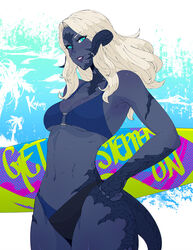  au_ra bikini black_horns black_scales black_skin blue_eyes breasts colored_skin cowboy_shot dragon_horns dragon_tail female final_fantasy final_fantasy_xiv hand_on_own_hip highres holding holding_surfboard horn_ornament horn_ring horns koyorin long_hair looking_at_viewer medium_breasts navel sadu_dotharl solo surfboard swimsuit tail two-tone_bikini white_hair 