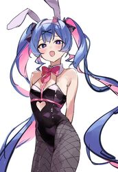  animal_ears arms_behind_back bare_shoulders black_leotard black_ribbon blue_hair blush breasts curly_sidelocks fake_animal_ears female fishnet_pantyhose fishnets hair_ornament hair_ribbon hatsune_miku highres leotard long_hair looking_at_viewer multicolored_hair open_mouth pantyhose pink_hair playboy_bunny rabbit_ears rabbit_hole_(vocaloid) rakugaki_ningen ribbon sidelocks simple_background small_breasts solo twintails very_long_hair vocaloid white_background x_hair_ornament 