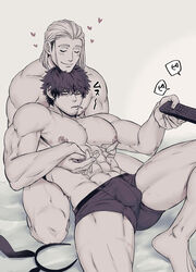  2boys abs absurdres animal_ears bara bed biceps blush bulge cigarette closed_eyes controller couple ear_piercing earrings facial_hair greyscale heart highres implied_yaoi jewelry large_pectorals long_hair male_focus male_swimwear manly mature_male monochrome multiple_boys muscular muscular_male nipples on_bed original pectorals piercing rabbit_ears short_hair simple_background smile spiked_hair spread_legs stubble swim_briefs thick_arms thick_thighs thighs undercut yomotsuki_road 