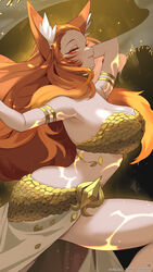  animal_ear_fluff animal_ears armlet armor bikini bikini_armor blush breasts cleavage closed_mouth commission facial_mark female from_side gold_bikini highres k_(art71) large_breasts lips long_hair orange_eyes orange_hair original skeb_commission solo strapless strapless_bikini swimsuit thank_you twitter_username whisker_markings 