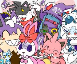  6:5 ambiguous_gender anthro ardest blush cattiva closed_eyes ellipsis feral grintale katress lunaris_(pal) mau_(pal) nox_(pal) pal_(species) palworld pocketpair ribbuny sharp_teeth teeth tombat 