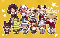  3boys 6+girls black_cape black_coat black_hair black_headwear black_wristband blonde_hair blue_coat blue_eyes blue_gloves blue_headwear breasts brown_eyes cape cleavage coat colored_skin cowboy_hat dragon_quest dragon_quest_x dwarf_(dq10) elf_(dq10) gloves hakama hat horns japanese_clothes kotorai long_sleeves mini_hat mini_top_hat multiple_boys multiple_girls ogre_(dq10) pink_hair pointy_ears polka_dot polka_dot_background puklipo red_horns red_skin salute skirt smile star_(symbol) sunglasses top_hat topless_male translation_request white_coat white_hair yellow_background 