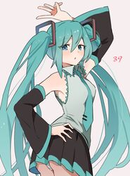  39 :o arm_above_head black_skirt black_sleeves blue_eyes blue_hair blue_necktie blush collared_shirt cowboy_shot detached_sleeves enipa_28 female frilled_shirt frills from_behind grey_shirt hair_between_eyes hand_on_own_hip hatsune_miku highres long_hair long_sleeves looking_at_viewer looking_back miniskirt necktie open_mouth panties pantyshot pleated_skirt shirt sidelocks simple_background skirt sleeveless sleeveless_shirt solo tie_clip twintails underwear very_long_hair vocaloid w white_background 