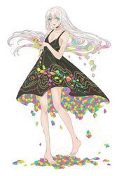  bare_arms bare_legs bare_shoulders barefoot bity3155660241 black_dress blue_eyes breasts cleavage commentary_request dress dripping female floating_hair full_body knees large_breasts looking_at_viewer multicolored_clothes multicolored_dress multicolored_hair open_mouth original paint_splatter short_dress simple_background sleeveless sleeveless_dress smile solo spaghetti_strap toes two-sided_dress two-sided_fabric white_background white_hair 