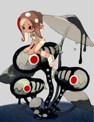  agent_8_(splatoon) bodysuit boots brown_eyes brown_hair closed_mouth creature dripping expressionless female grey_background hashtag-only_commentary highres jelleton li04r limited_palette long_hair looking_ahead mushroom octoling octoling_girl octoling_player_character overalls simple_background sitting sleeveless sleeveless_bodysuit solo splatoon_(series) splatoon_3 splatoon_3:_side_order suction_cups swarming_languendo tentacle_hair white_bodysuit white_overalls 