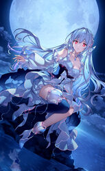  aitsuki_nakuru bare_shoulders black_thighhighs blue_hair braid breasts cleavage commentary_request detached_sleeves dress french_braid full_moon high_heels highres la_priere long_hair medium_breasts moon nardack night red_eyes reflection single_thighhigh sitting thighhighs very_long_hair water white_dress white_footwear white_sleeves 