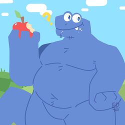  1:1 anthro apple belly belly_overhang big_belly blue_body body_hair casual_nudity chest_tuft cloud digital_media_(artwork) featureless_crotch food fruit google google_chrome google_snake grass half-length_portrait hand_on_hip happy happy_trail hi_res holding_apple holding_food holding_fruit holding_object male navel nude onlyygaru outside overweight overweight_anthro overweight_male plant portrait question_mark reptile scalie sky smile snaggle_tooth snake snake_(game) solo standing tail tuft 