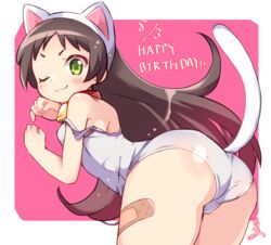  :3 animal_collar animal_ears ass bandaid bandaid_on_leg bare_shoulders bell border breasts brown_hair cat_ears cat_tail closed_mouth collar cowboy_shot fake_animal_ears female from_side green_eyes hairband hands_up happy_birthday hazuki_kurumi highres kaitou_tenshi_twin_angel komatsu_tsumako leaning_forward light_blush long_hair looking_at_viewer looking_to_the_side neck_bell one-piece_swimsuit one_eye_closed outside_border pink_background red_collar short_bangs short_eyebrows small_breasts smile solo standing strap_slip swimsuit tail tail_raised twin_angel v-shaped_eyebrows white_hairband white_one-piece_swimsuit 