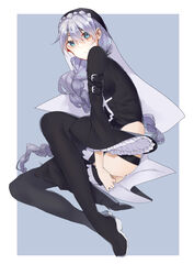  absurdres black_dress black_footwear blue_background blue_eyes boots border braid braided_ponytail closed_mouth commentary dress female full_body highres honkai_(series) honkai_impact_3rd juine kallen_kaslana long_hair long_sleeves looking_at_viewer nun solo thigh_boots veil very_long_hair white_border white_hair wide_sleeves 