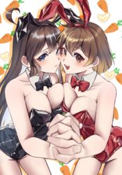  2girls animal_ears breasts brown_hair carrot detached_collar fake_animal_ears highres hod_(project_moon) holding_hands large_breasts leotard long_hair malkuth_(project_moon) multiple_girls nomuyo_pm playboy_bunny project_moon rabbit_ears strapless strapless_leotard 