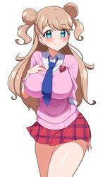  absurdres arm_behind_back badge blue_eyes blue_necktie blush breasts brown_hair closed_mouth collared_shirt cowboy_shot double_bun eyelashes female flipped_hair hair_bun half_updo hand_on_own_chest hand_up highres kanamori_maria kiratto_pri_chan large_breasts long_hair looking_at_viewer miniskirt mujin_(mujinzairaisen) necktie pink_sweater plaid plaid_skirt pleated_skirt pretty_series red_skirt school_uniform shirt skirt smile solo striped_clothes striped_shirt sweater swept_bangs two_side_up vertical-striped_clothes vertical-striped_shirt white_shirt 