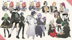  6+boys 6+girls ahoge animal balthus_von_albrecht bernadetta_von_varley black_hair blonde_hair blue_hair boots bracelet braid braided_ponytail breasts brown_hair byleth_(female)_(fire_emblem) byleth_(fire_emblem) byleth_(male)_(fire_emblem) caspar_von_bergliez closed_eyes coffee coffee_mug constance_von_nuvelle crossdressing crossed_legs cup dagger dorothea_arnault dress eating edelgard_von_hresvelg english_text feline ferdinand_von_aegir fire_emblem fire_emblem:_three_houses flayn_(fire_emblem) full_body garreg_mach_monastery_uniform glasses gloves green_hair hair_between_eyes hapi_(fire_emblem) hat headband heart high_heels holding holding_animal hubert_von_vestra jewelry kneehighs knife linhardt_von_hevring long_hair long_sleeves medium_breasts medium_hair miniskirt mug multiple_boys multiple_girls open_mouth orange_hair pantyhose pekoe-ji petra_macneary purple_hair red_hair sheath sheathed short_hair sitting skirt smile socks sword tea teacup teeth thigh_boots tongue trembling twin_braids twitter_username weapon white_hair yuri_leclerc 