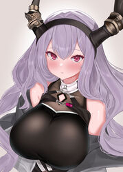  absurdres arknights bare_shoulders black_hairband black_shirt blush breasts clothing_cutout female grey_background grey_jacket hair_between_eyes hairband highres horns jacket large_breasts long_hair looking_at_viewer off_shoulder parted_lips purple_eyes purple_hair shirt simple_background sleeveless sleeveless_shirt solo typhon_(arknights) upper_body wennananyan 