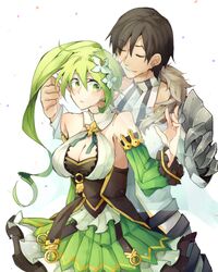  1boy bare_shoulders black_hair blade_master_(elsword) breasts cleavage coat couple detached_sleeves elf elsword female flower green_eyes green_hair hair_flower hair_ornament high_ponytail jacket large_breasts lily_(flower) mechanical_arms nan_(nanyayyay) pointy_ears ponytail raven_cronwell rena_erindel scar side_ponytail single_mechanical_arm wind_sneaker_(elsword) 