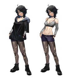  absurdres ahoge bare_shoulders black_hair blue_eyes boots breasts choker collarbone english_commentary female full_body hands_in_pockets highres medium_breasts multiple_views navel original pantyhose reze_(rewindze) shorts simple_background torn_clothes torn_pantyhose white_background 