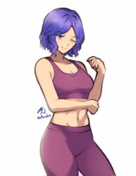  bare_shoulders commission english_commentary female fire_emblem fire_emblem:_new_mystery_of_the_emblem fire_emblem:_shadow_dragon fire_emblem:_shadow_dragon_and_the_blade_of_light highres light_smile midia_(fire_emblem) midriff navel pants purple_eyes purple_hair rotomdocs solo sports_bra yoga_pants 