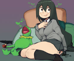  2024 amphibian amphibian_humanoid animal_humanoid anthro asui_tsuyu bed beverage clothed clothing container cup duo female frog frog_humanoid furniture glass glass_container green_body gun hatsumiilkshake heart_symbol human humanoid kermit_the_frog lipton_(brand) male mammal muppet muppets my_hero_academia on_bed open_mouth open_smile quirked_human_(my_hero_academia) ranged_weapon sitting sitting_on_bed smile tea tea_cup tongue tongue_out weapon 