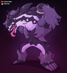  2024 absurd_res anthro brush brushing brushing_fur claws fluffy fur generation_8_pokemon hair hairbrush hi_res holding_object male nintendo nude obstagoon open_mouth open_smile patreon personal_grooming pokemon pokemon_(species) purple_background shadow simple_background smile solo standing stompsyeen teeth text tongue tongue_out tuft twitch.tv url 