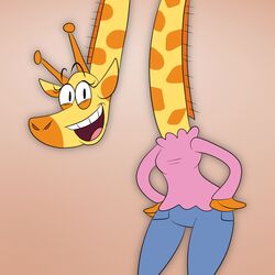  1:1 2016 anthro blue_bottomwear blue_clothing blue_pants bottomwear cartoon_network clothed clothing female flat_colors giraffe giraffid hi_res horn ingrid_giraffe long_neck looking_at_viewer mammal markings my_gym_partner&#039;s_a_monkey open_mouth pants pink_clothing pink_topwear scobionicle99 smile solo spots spotted_markings toony topwear 