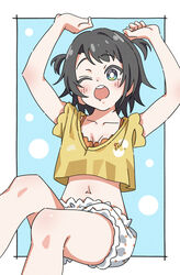  animal_print arms_up bird_print black_hair bloomers blue_background blush border bra bra_peek cropped_shirt dotted_background duck_print egg_print female flower_035 green_eyes highres hololive loungewear navel one_eye_closed oozora_subaru oozora_subaru_(loungewear) open_mouth orange_bra outside_border polka_dot polka_dot_bloomers shirt short_sleeves solo teeth two_side_up underwear upper_teeth_only virtual_youtuber white_bloomers white_border yellow_shirt 