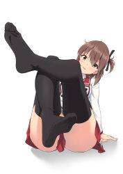  black_thighhighs brown_eyes brown_hair commentary_request convenient_censoring etou_kanami feet female foot_focus head_tilt highres legs legs_up long_sleeves looking_at_viewer minoseki_gakuin_uniform motsutoko no_shoes one_side_up parted_lips red_skirt school_uniform shirt short_hair sitting skirt soles solo thighhighs thighs toes toji_no_miko white_background white_shirt 