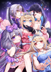  5girls :3 alternate_costume alternate_hairstyle animal_ear_fluff animal_ears arm_garter ascot asymmetrical_horns bare_shoulders black_gloves black_hair blonde_hair blue_dress blue_hair blue_nails blunt_bangs bow breasts cleavage closed_eyes closed_mouth collar collarbone collared_shirt colored_inner_hair commentary_request curry_bowl demon_horns detached_sleeves dog_ears dog_girl dress frilled_dress frilled_wrist_cuffs frills fur-trimmed_dress fur_trim fuwawa_abyssgard gem gloves gold_trim grey_hair grin hair_ornament hair_over_shoulder hairbow hairclip high_heels highres holoadvent hololive hololive_english horns jacket jewel_under_eye jewelry koseki_bijou lace lace_gloves large_breasts long_hair long_sleeves looking_at_viewer low_twintails mococo_abyssgard mole mole_under_eye multicolored_hair multiple_girls nail_polish necklace nerissa_ravencroft off-shoulder_dress off_shoulder parted_lips pink_dress pink_hair pink_nails ponytail puffy_long_sleeves puffy_sleeves purple_ascot purple_bow purple_dress purple_gemstone shiori_novella shirt short_sleeves sidelocks sitting smile split-color_hair strapless strapless_dress streaked_hair tail tiara twintails two-tone_hair uneven_horns virtual_youtuber white_jacket wrist_cuffs yellow_eyes 