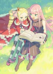  2girls aged_up alternate_universe beatrice_(re:zero) blonde_hair blue_eyes book boots brown_footwear capelet commentary_request crown day drill_hair eyelashes fur-trimmed_capelet fur_trim grass highres holding holding_book lewes_meyer long_hair mini_crown multiple_girls open_mouth outdoors pantyhose parupin pink_hair pointing pointy_ears re:zero_kara_hajimeru_isekai_seikatsu reading red_capelet shoes sidelocks sitting sleeveless smile striped_clothes striped_pantyhose symbol-shaped_pupils tongue twin_drills 