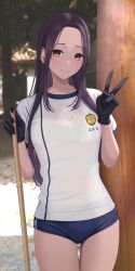  absurdres black_gloves blue_buruma blush brown_eyes buruma closed_mouth cowboy_shot female gloves gym_shirt gym_uniform highres holding holding_stick inaka_44 long_hair looking_at_viewer original outdoors purple_hair shirt sidelocks smile solo stick v white_shirt 