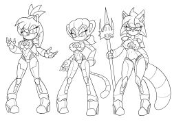  2024 4_fingers anthro big_breasts black_and_white breasts canid canine chaoscroc eggman_empire eggman_logo eulipotyphlan fan_character female fingers group hair haplorhine hedgehog hi_res high_heeled_feet holding_melee_weapon holding_object holding_polearm holding_trident holding_weapon joints lindsey_(stryke) looking_at_viewer machine mammal melee_weapon monkey monochrome mouthless nina_(stryke) polearm primate raccoon_dog robot sega sonic_the_hedgehog_(series) tail tanuki trident trio weapon 