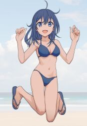  ahoge ass_visible_through_thighs bikini blue_bikini blue_eyes blue_hair blue_sky breasts cloud female full_body highres jumping looking_at_viewer maora_(pixiv109074827) medium_breasts original sandals sky smile solo swimsuit thigh_gap w_arms 