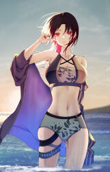  absurdres bandeau bead_necklace beads bikini black_bikini black_hair breasts cleavage criss-cross_halter ear_chain earrings female gradient_hair grey_bandeau grey_bikini halterneck highres jacket jewelry kisaragi_ren_(vspo!_summer_2024) kisaragi_ren_(vtuber) large_breasts leaf_print long_hair long_sleeves looking_at_viewer morning multicolored_bikini multicolored_clothes multicolored_hair navel necklace ocean off_shoulder open_clothes open_jacket outdoors parted_bangs parted_lips pink_eyes purple_jacket red_hair red_nails ronogi single_earring skindentation sky solo stomach swimsuit thigh_strap virtual_youtuber vspo! wading water wet wolf_cut yellow_bikini zipper zipper_bikini 