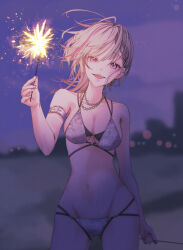  absurdres arm_belt asumi_sena asumi_sena_(vspo!_summer_2024) bikini black_bikini braid braided_bangs breasts chain_necklace chains contrapposto cowboy_shot ear_piercing earrings fangs female fireworks floral_print_bikini grey_hair heart_o-ring highres holding holding_fireworks jewelry layered_bikini long_hair looking_at_viewer medium_breasts multi-strapped_bikini_bottom multi-strapped_bikini_top necklace night o-ring o-ring_bikini open_mouth piercing pink_eyes pink_hair ronogi small_breasts smile solo sparkler string_bikini stud_earrings swimsuit virtual_youtuber vspo! wind wolf_cut 