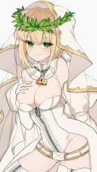  absurdres ahoge bare_shoulders belt blonde_hair blush breasts chains cleavage detached_collar detached_sleeves elbow_gloves fate/extra fate/extra_ccc fate/grand_order fate_(series) female gloves green_eyes hair_between_eyes hair_intakes head_wreath highleg highleg_leotard highres large_breasts leotard lock long_hair looking_at_viewer mati5572 nero_claudius_(bride)_(fate) nero_claudius_(bride)_(second_ascension)_(fate) nero_claudius_(fate) padlock puffy_sleeves smile solo thighhighs thighs veil white_gloves white_leotard white_thighhighs wide_sleeves zipper 