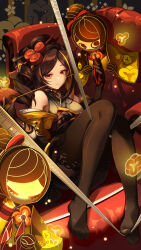  absurdres asymmetrical_sidelocks bare_shoulders black_gloves black_pantyhose brown_hair chiori_(genshin_impact) choker closed_mouth commentary_request couch doll drill_hair drill_ponytail female from_above frown genshin_impact gloves grey_kimono hair_ornament hair_stick haori highres holding holding_string japanese_clothes kimono knees_up long_hair looking_at_viewer lying on_couch pantyhose qiyanbujueshi red_eyes ribbon_choker short_kimono solo string tamoto_(genshin_impact) tape_measure toes 