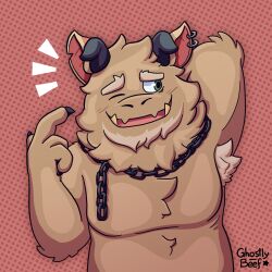  2_horns 3_toes 4_fingers absurd_res anthro arm_tuft armpit_hair beard belly black_claws black_horn blonde_armpit_hair blonde_beard blonde_eyebrows blonde_facial_hair body_hair chain_necklace chest_tuft claws demon ear_piercing elbow_tuft eyebrows facial_hair fangs feet fingers fluffy fur ghostlybeef green_eyes hi_res horn hybrid jewelry male musclegut muscular muscular_male neck_tuft necklace nervous notched_ear open_mouth open_smile piercing shy slightly_chubby smile solo tan_body tan_fur tan_teeth teeth toes tuft yellow_teeth zelrog_dirtpaw 