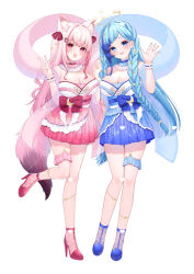  2girls :d animal_ear_fluff animal_ears bare_shoulders blue_eyes blue_footwear blue_hair blue_skirt blush braid breasts chitetan cleavage commentary_request hagoromo hand_up hands_up high_heels indie_virtual_youtuber large_breasts long_hair matching_outfits mole mole_on_breast multicolored_hair multiple_girls ookami_kuon pink_hair pink_skirt pleated_skirt qixi_festival red_eyes red_footwear red_skirt sasayaki_hisori shawl simple_background skirt smile standing standing_on_one_leg streaked_hair tail tanabata twin_braids v very_long_hair virtual_youtuber watermark white_background wrist_cuffs 